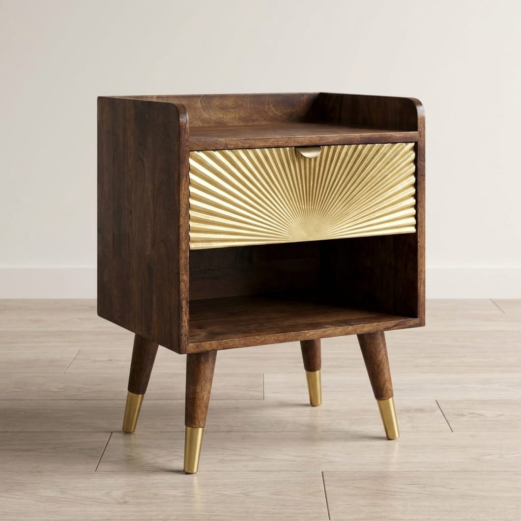 Sunburst Brass Inlay Bedside Table in Classic Grey - Solid Mango Wood Nightstand - main view showing handcrafted solid...