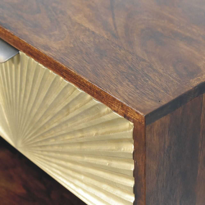 Sunburst Chestnut Wall-Mounted Bedside Table - Solid Mango Wood Floating Nightstand with Drawer - product view 5 showing...