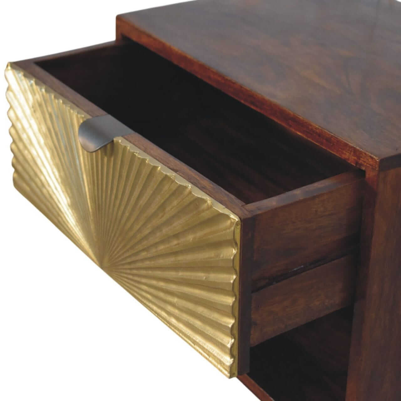 Sunburst Chestnut Wall-Mounted Bedside Table - Solid Mango Wood Floating Nightstand with Drawer - product view 6 showing...