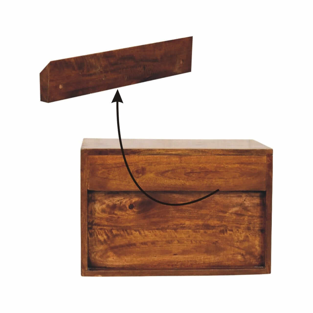 Sunburst Chestnut Wall-Mounted Bedside Table - Solid Mango Wood Floating Nightstand with Drawer - product view 9 showing...
