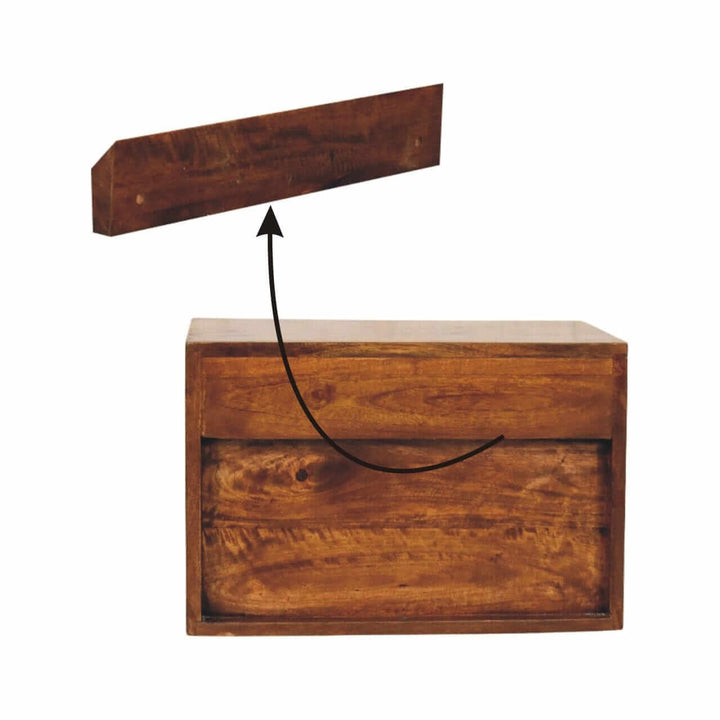 Sunburst Chestnut Wall-Mounted Bedside Table - Solid Mango Wood Floating Nightstand with Drawer - product view 9 showing...