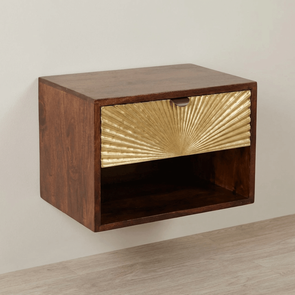 Sunburst Chestnut Wall-Mounted Bedside Table - Solid Mango Wood Floating Nightstand with Drawer - main view showing...