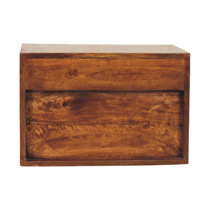 Sunburst Chestnut Wall-Mounted Bedside Table - Solid Mango Wood Floating Nightstand with Drawer - product view 7 showing...