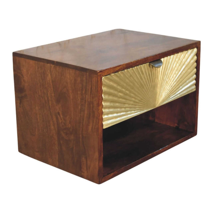 Sunburst Chestnut Wall-Mounted Bedside Table - Solid Mango Wood Floating Nightstand with Drawer - product view 4 showing...