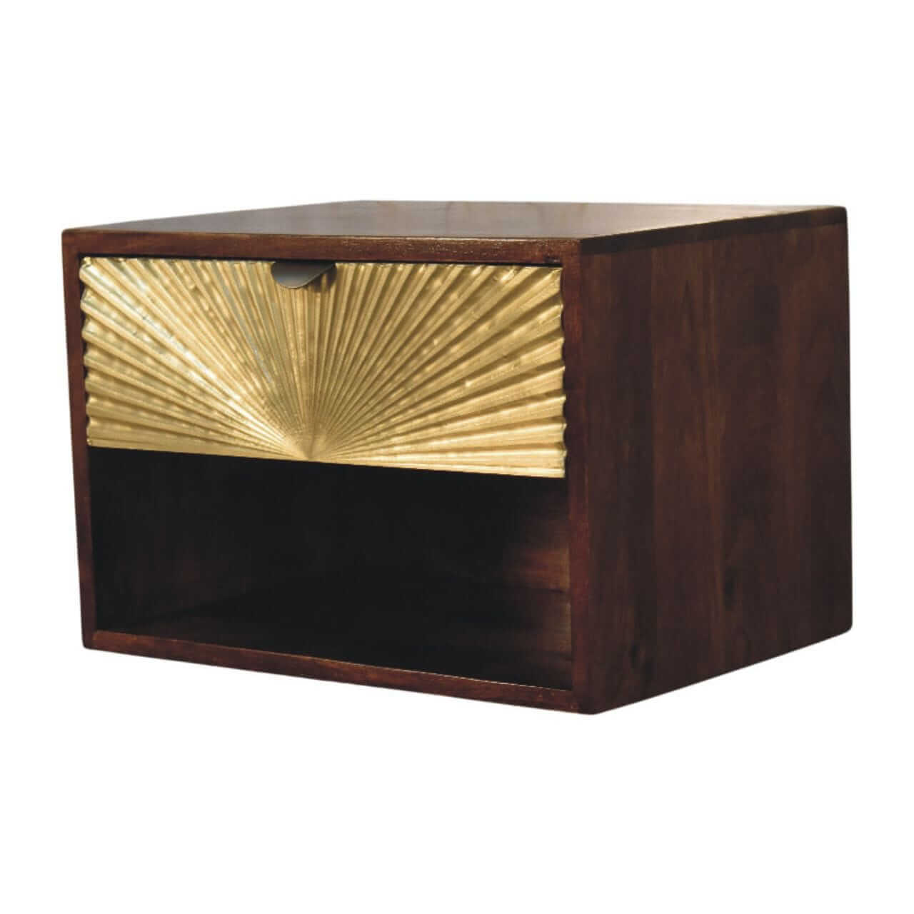 Sunburst Chestnut Wall-Mounted Bedside Table - Solid Mango Wood Floating Nightstand with Drawer - product view 2 showing...