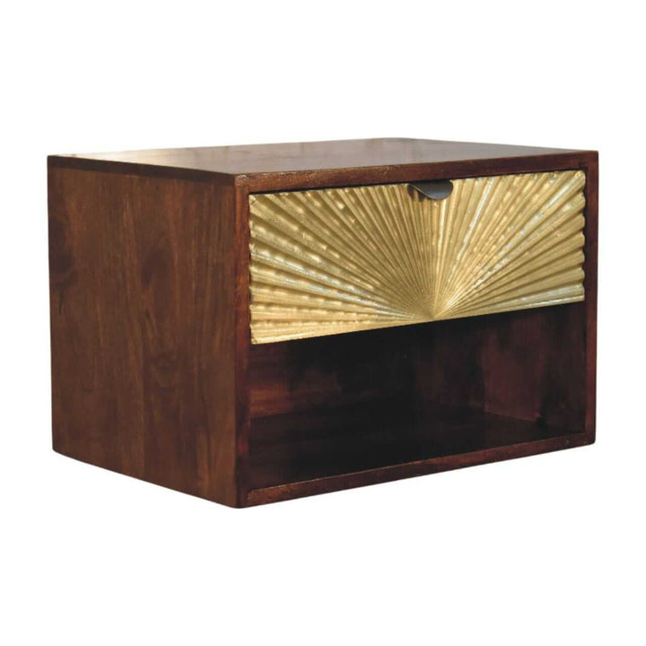 Sunburst Chestnut Wall-Mounted Bedside Table - Solid Mango Wood Floating Nightstand with Drawer - product view 3 showing...