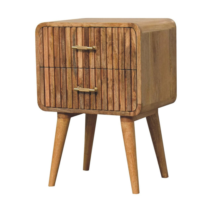 T-bar Ridged Nightstand - Solid Mango Wood Bedside Table for Bedroom - product view 4 showing handcrafted solid mango...