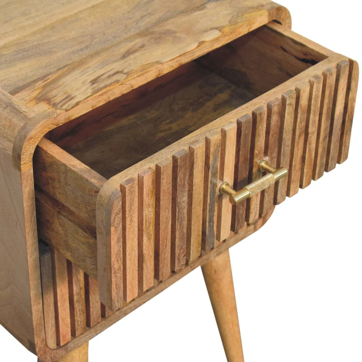 T-bar Ridged Nightstand - Solid Mango Wood Bedside Table for Bedroom - product view 7 showing handcrafted solid mango...