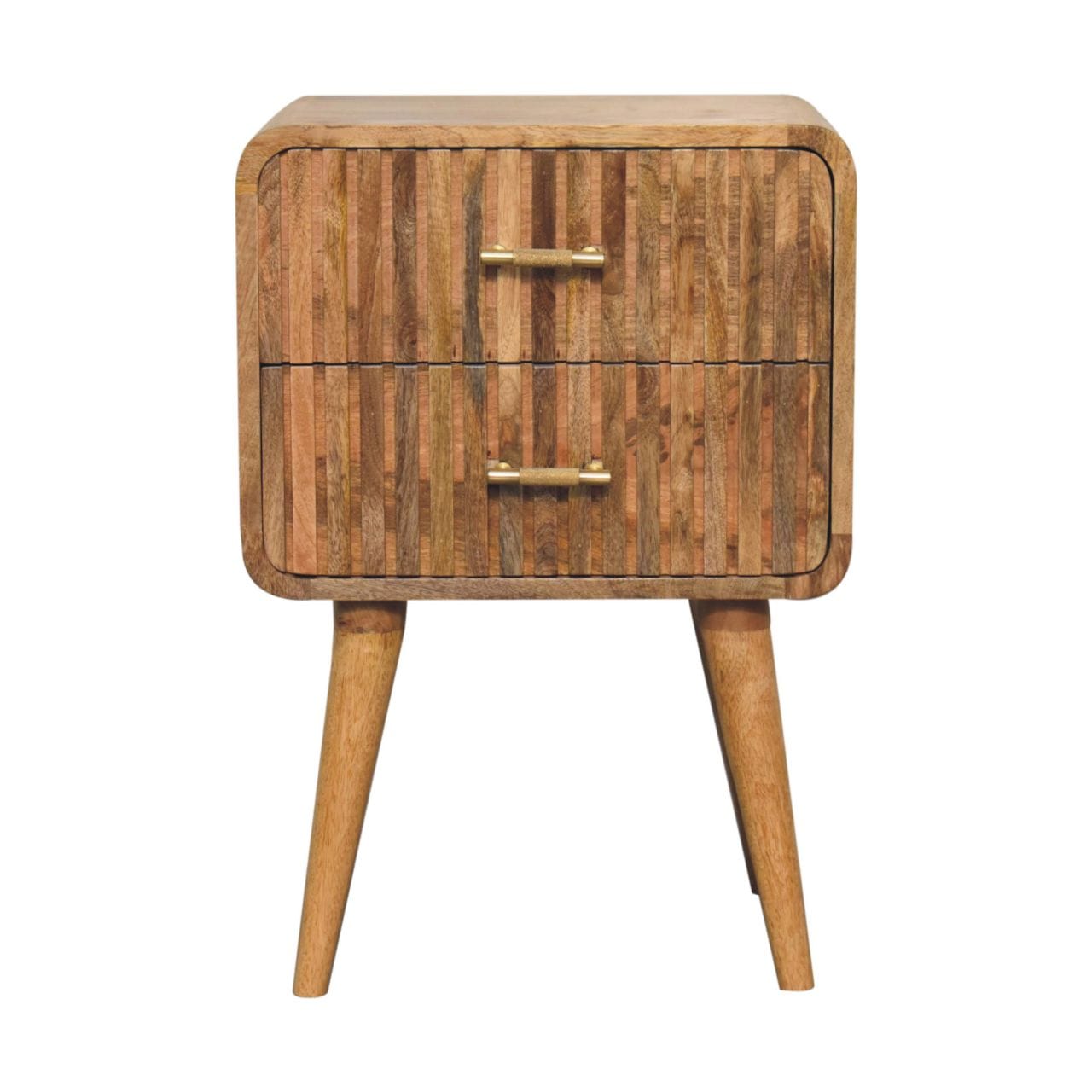 T-bar Ridged Nightstand - Solid Mango Wood Bedside Table for Bedroom - product view 2 showing handcrafted solid mango...
