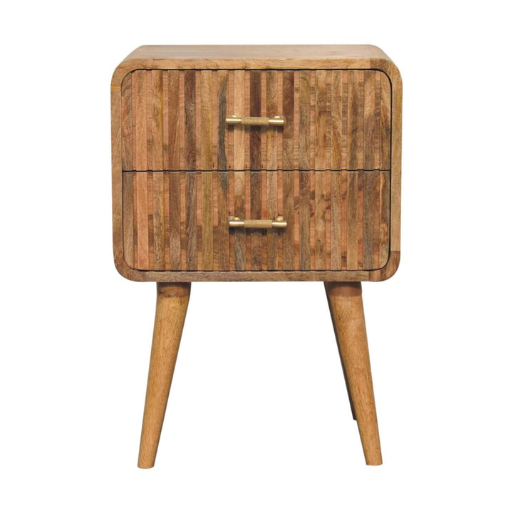 T-bar Ridged Nightstand - Solid Mango Wood Bedside Table for Bedroom - product view 2 showing handcrafted solid mango...
