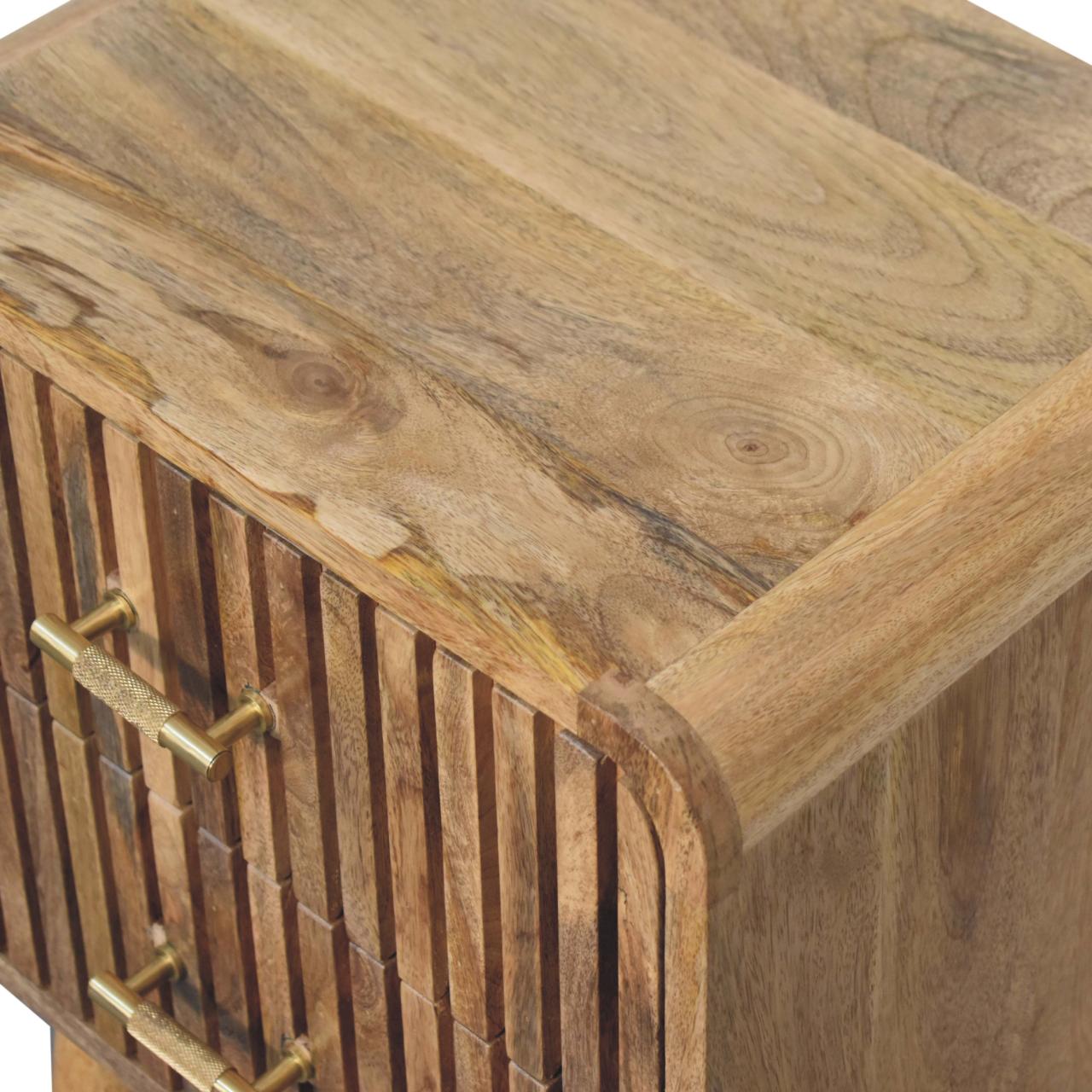 T-bar Ridged Nightstand - Solid Mango Wood Bedside Table for Bedroom - product view 6 showing handcrafted solid mango...