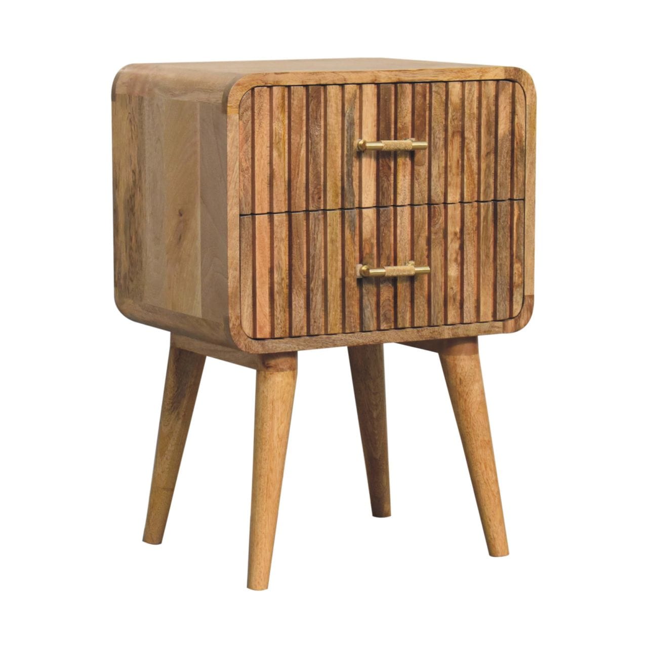 T-bar Ridged Nightstand - Solid Mango Wood Bedside Table for Bedroom - product view 3 showing handcrafted solid mango...