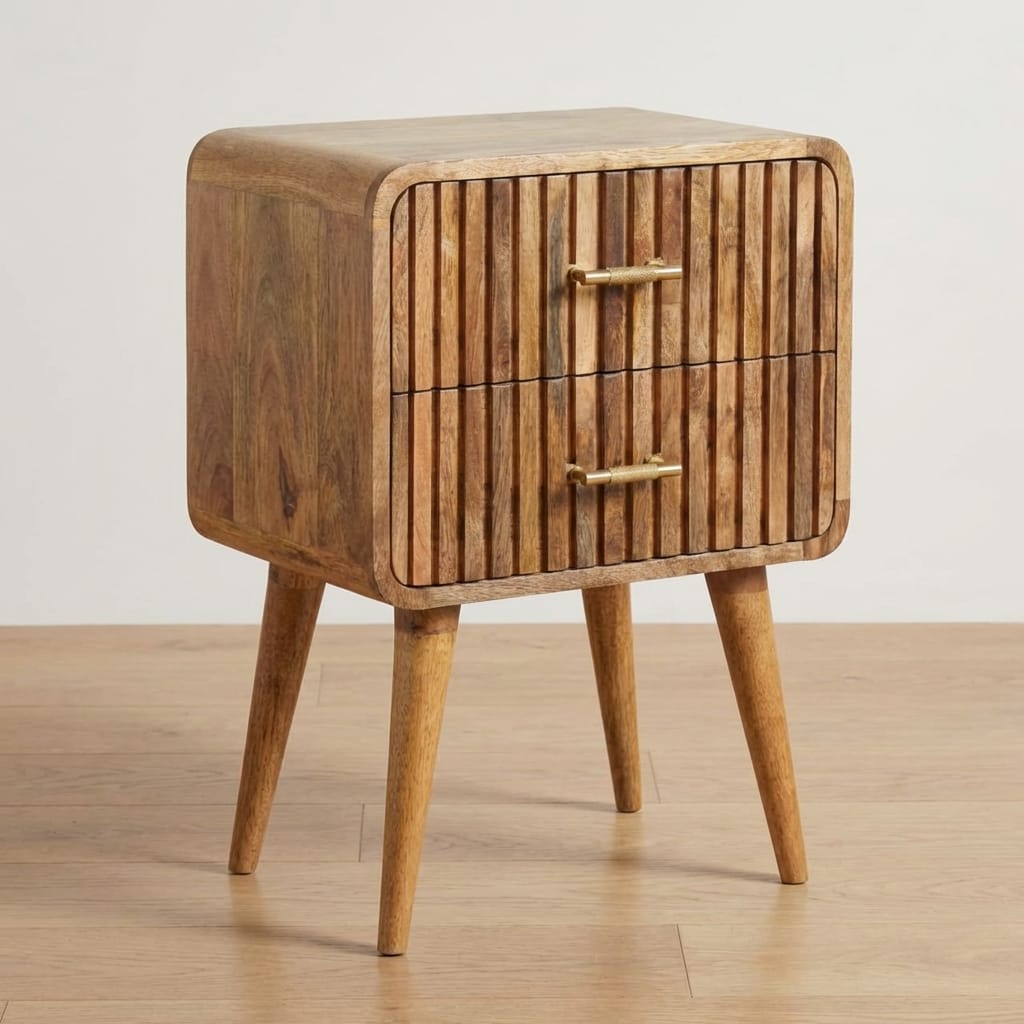 T-bar Ridged Nightstand - Solid Mango Wood Bedside Table for Bedroom - main view showing handcrafted solid mango wood...