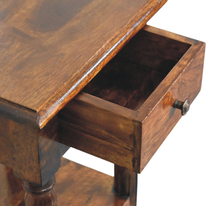 Chestnut Tall Turned Leg Side Table in Solid Mango Wood - product view 5 showing handcrafted solid mango wood dresser