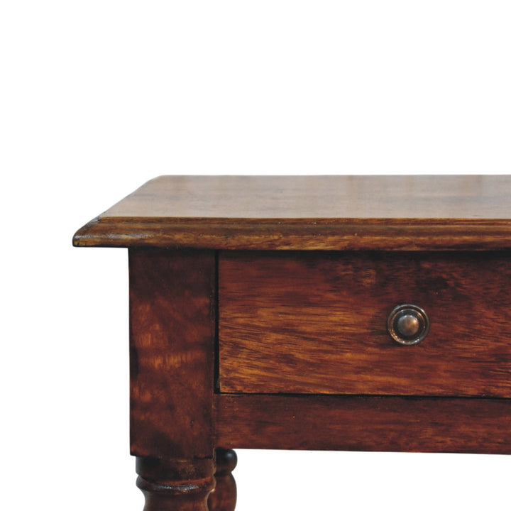 Chestnut Tall Turned Leg Side Table in Solid Mango Wood - product view 3 showing handcrafted solid mango wood dresser