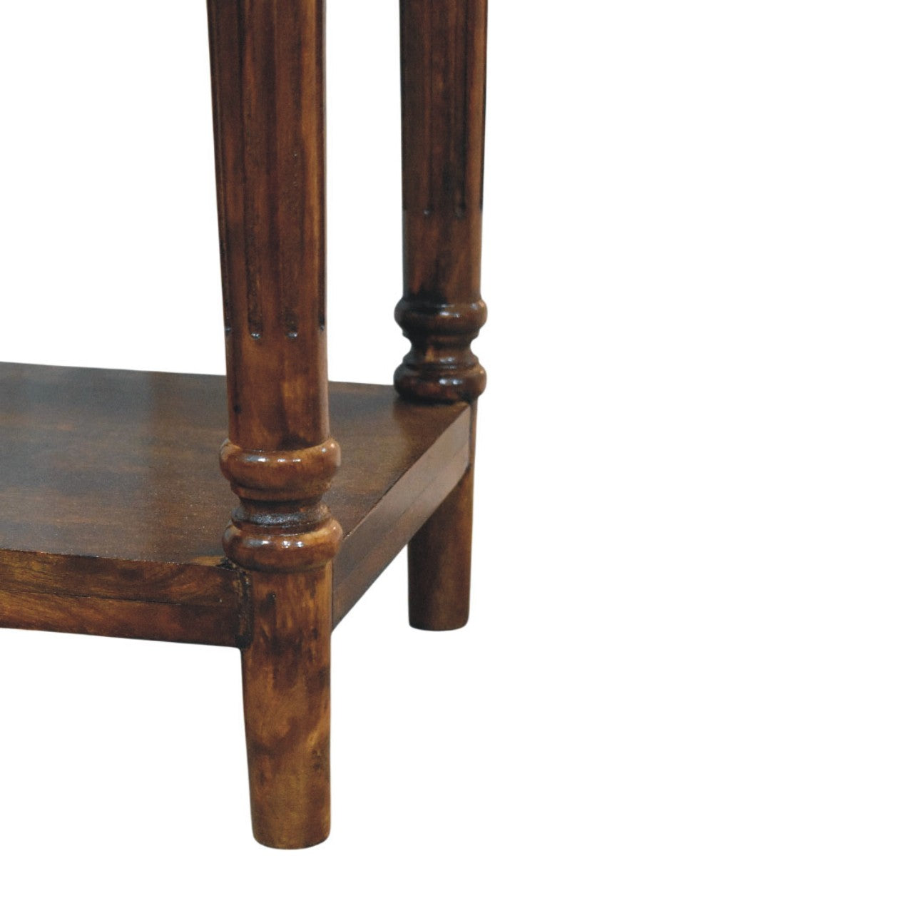 Chestnut Tall Turned Leg Side Table in Solid Mango Wood - product view 6 showing handcrafted solid mango wood dresser