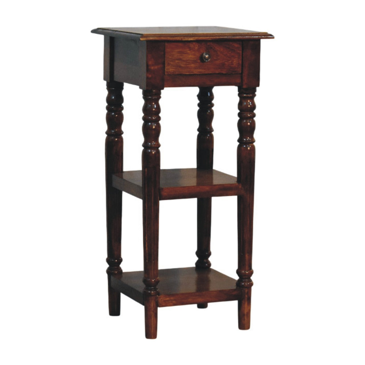 Chestnut Tall Turned Leg Side Table in Solid Mango Wood - product view 2 showing handcrafted solid mango wood dresser