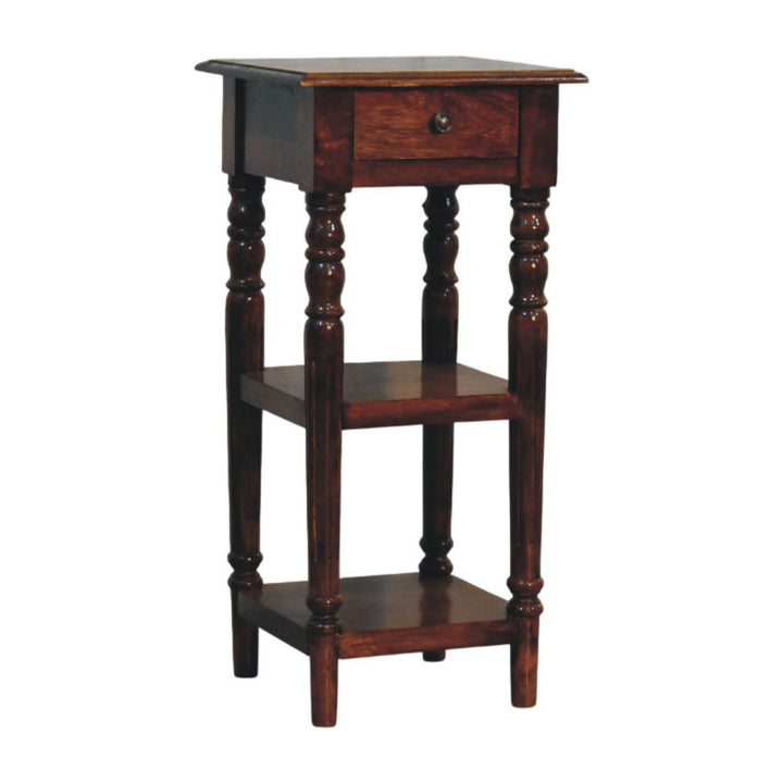 Chestnut Tall Turned Leg Side Table in Solid Mango Wood - product view 2 showing handcrafted solid mango wood dresser