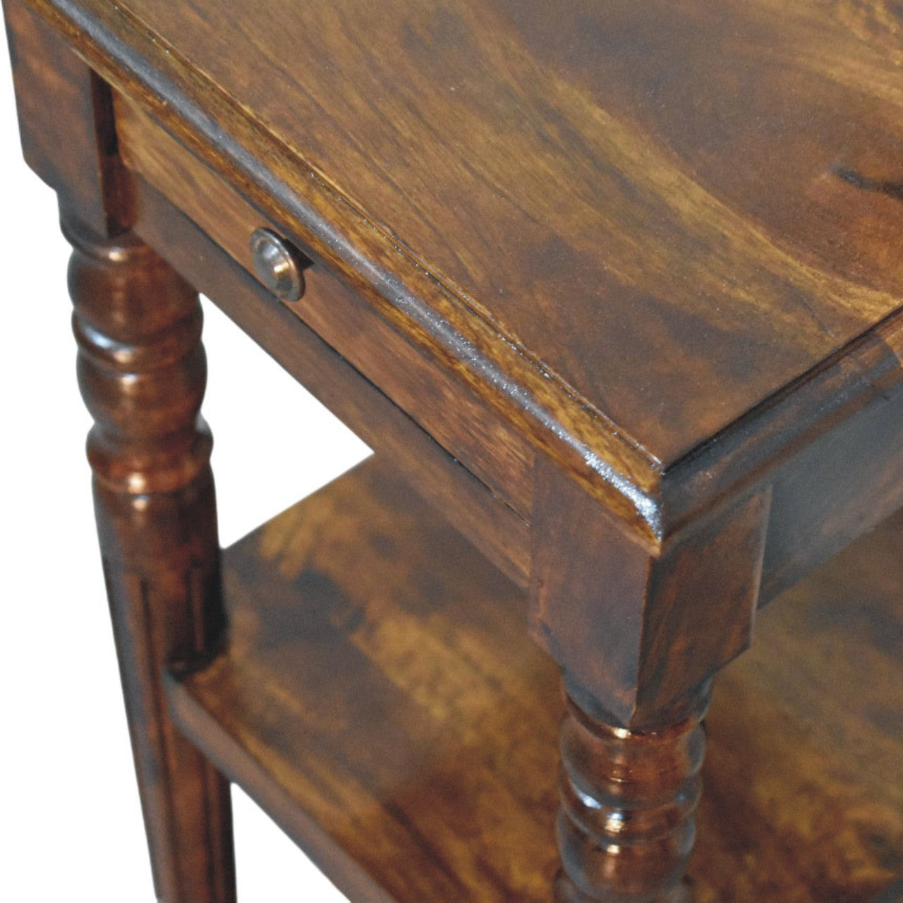 Chestnut Tall Turned Leg Side Table in Solid Mango Wood - product view 4 showing handcrafted solid mango wood dresser