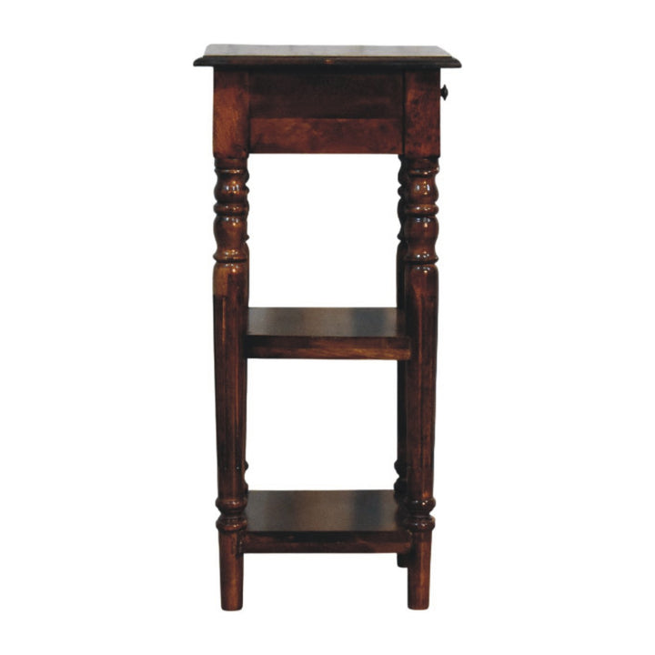 Chestnut Tall Turned Leg Side Table in Solid Mango Wood - product view 7 showing handcrafted solid mango wood dresser