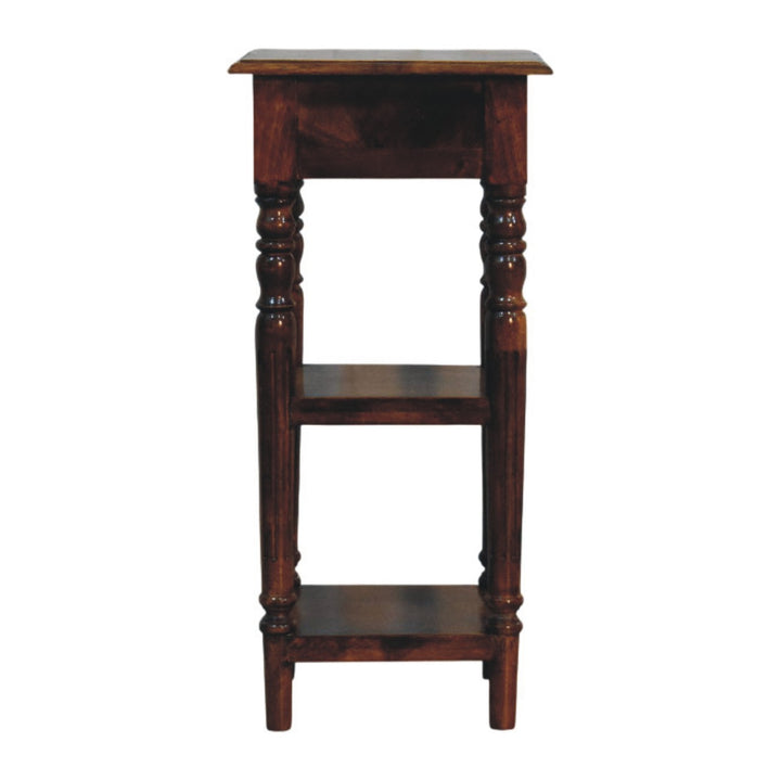 Chestnut Tall Turned Leg Side Table in Solid Mango Wood - product view 8 showing handcrafted solid mango wood dresser