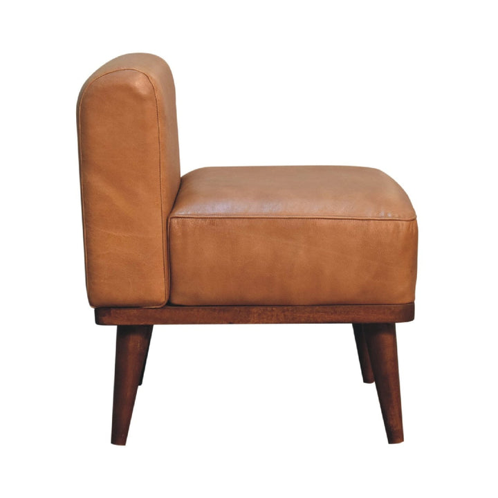 Tan Buffalo Backrest Footstool - Solid Mango Wood Accent Stool for Living Room - product view 8 showing handcrafted solid...
