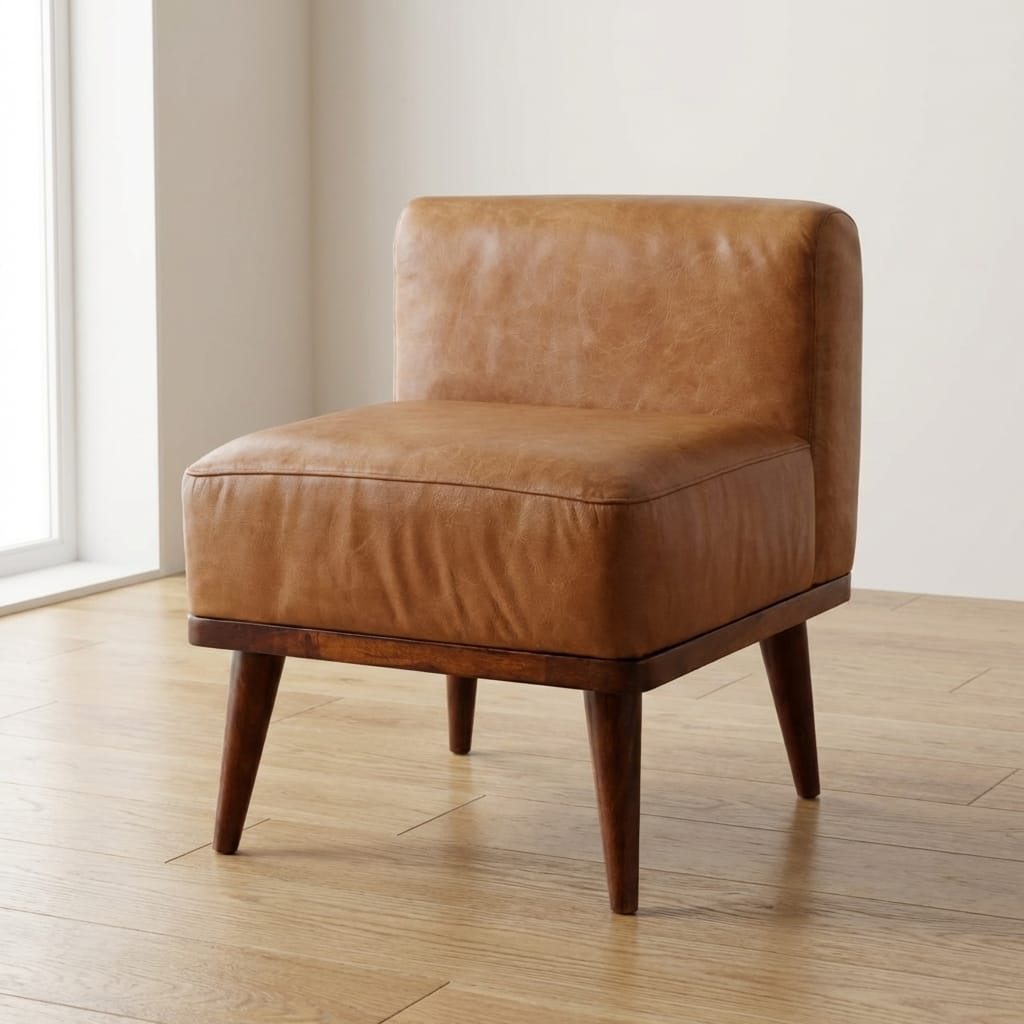 Tan Buffalo Backrest Footstool - Solid Mango Wood Accent Stool for Living Room - main view showing handcrafted solid...