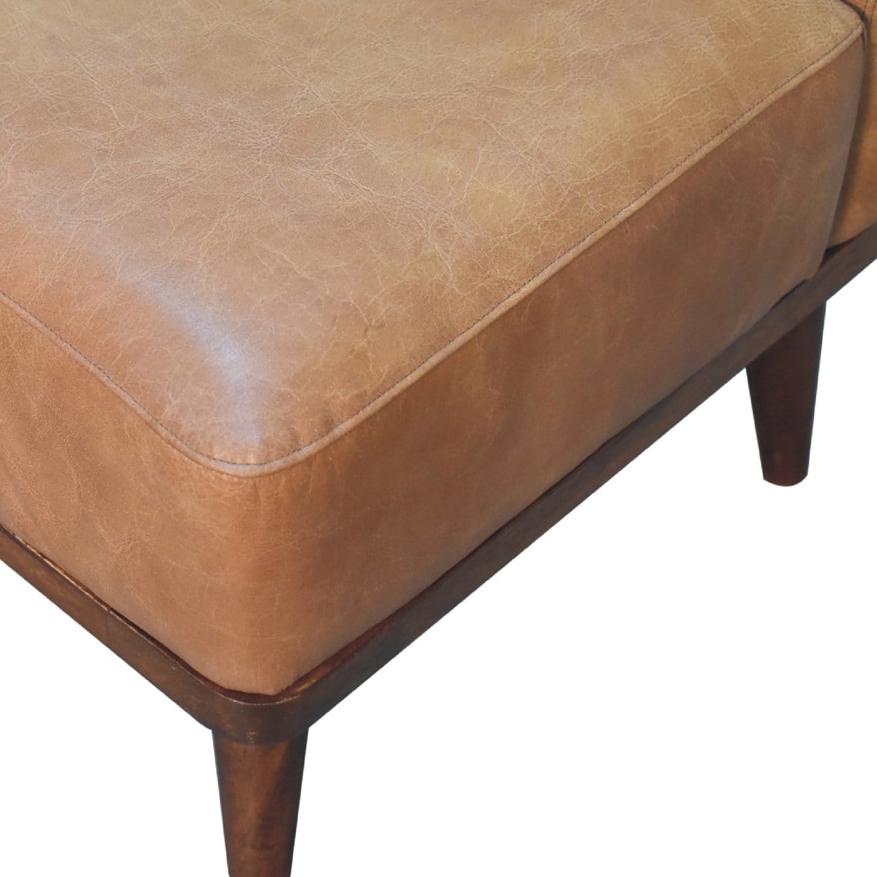 Tan Buffalo Backrest Footstool - Solid Mango Wood Accent Stool for Living Room - product view 5 showing handcrafted solid...
