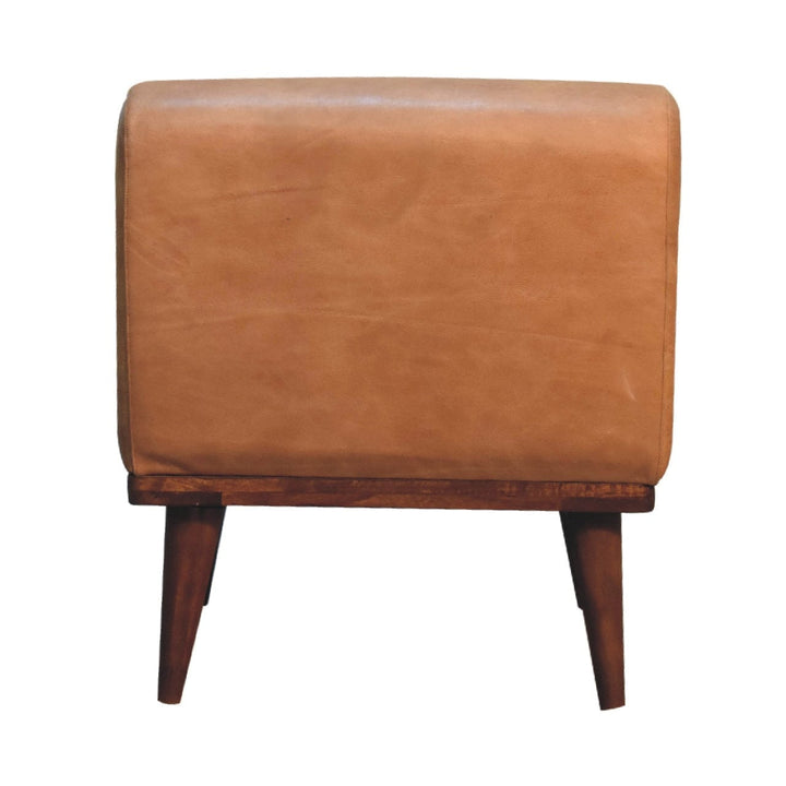 Tan Buffalo Backrest Footstool - Solid Mango Wood Accent Stool for Living Room - product view 9 showing handcrafted solid...