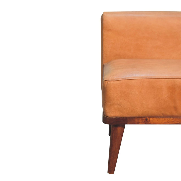 Tan Buffalo Backrest Footstool - Solid Mango Wood Accent Stool for Living Room - product view 4 showing handcrafted solid...