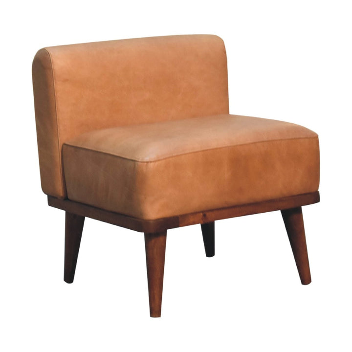Tan Buffalo Backrest Footstool - Solid Mango Wood Accent Stool for Living Room - product view 3 showing handcrafted solid...