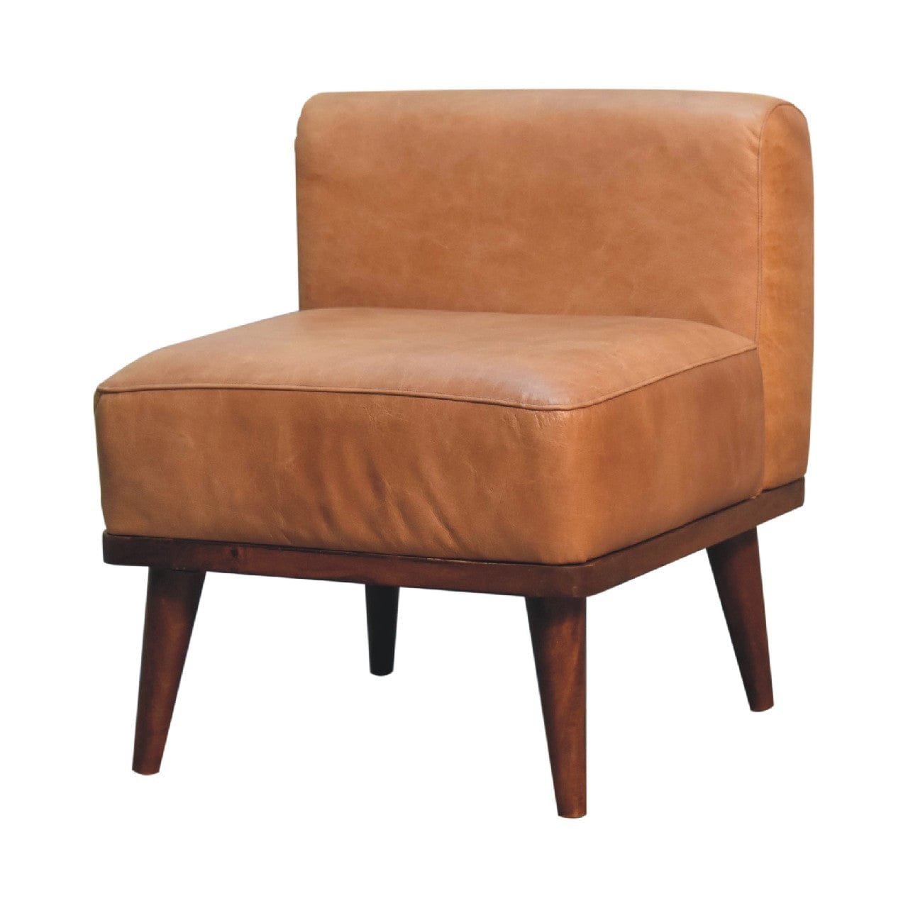 Tan Buffalo Backrest Footstool - Solid Mango Wood Accent Stool for Living Room - product view 2 showing handcrafted solid...