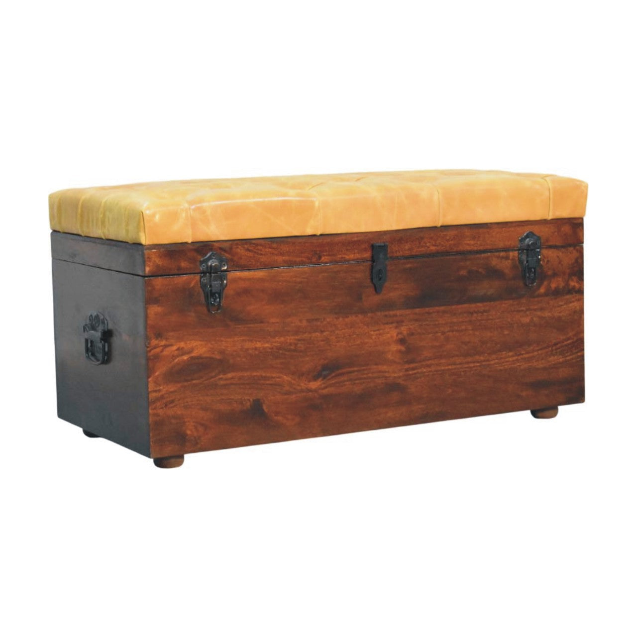 Tan Leather Storage Trunk Bench in Solid Mango Wood - main view showing handcrafted solid mango wood bench