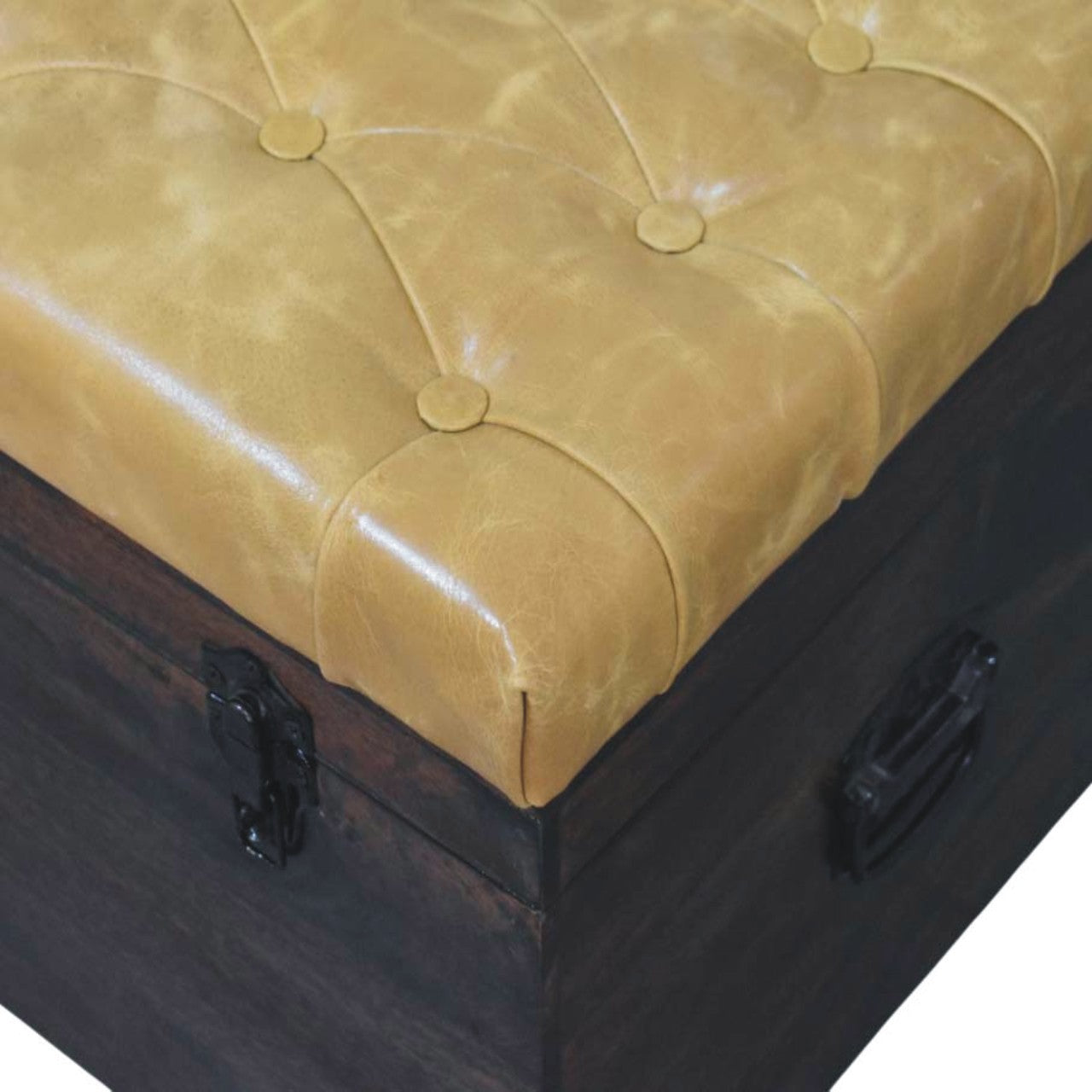 Tan Leather Storage Trunk Bench in Solid Mango Wood - product view 4 showing handcrafted solid mango wood bench