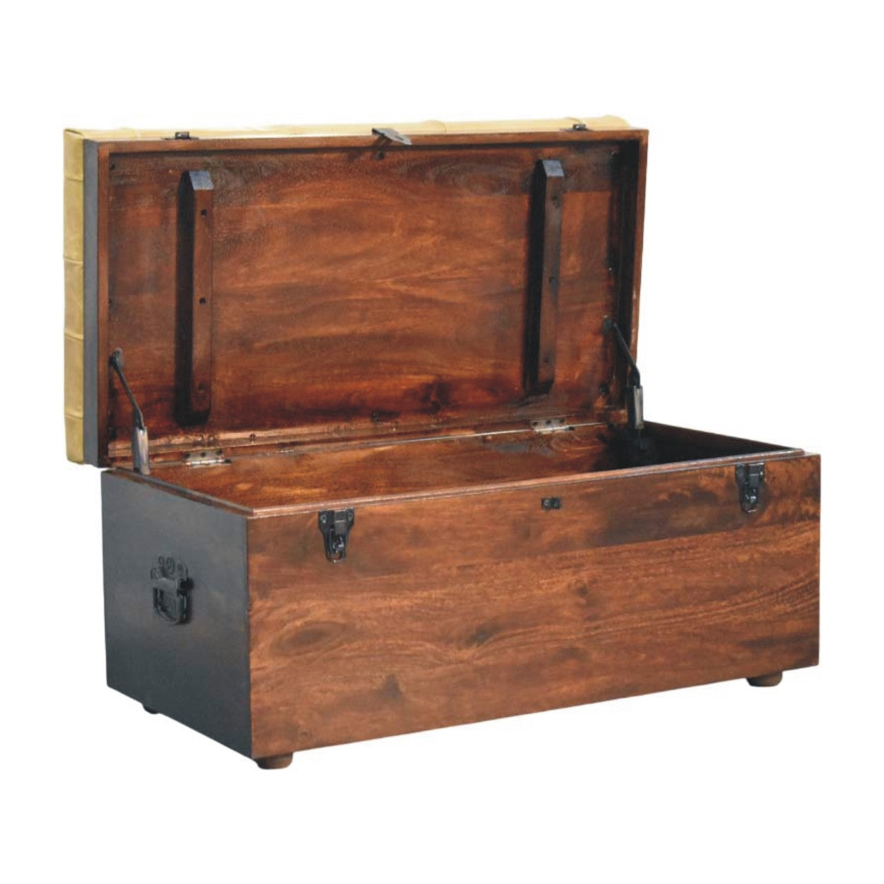 Tan Leather Storage Trunk Bench in Solid Mango Wood - product view 5 showing handcrafted solid mango wood bench