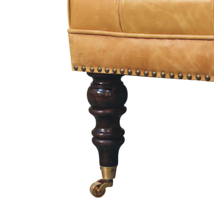 Tan Leather Upholstered Coffee Table in Solid Mango Wood - product view 5 showing handcrafted solid mango wood coffee table
