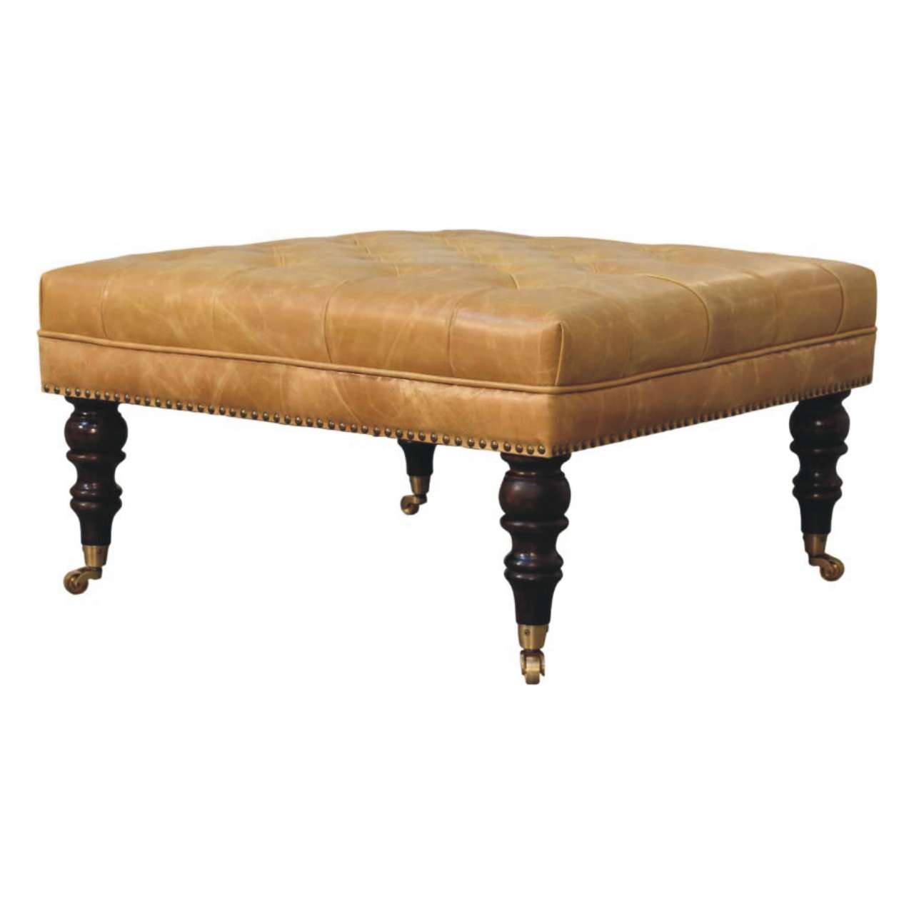 Tan Leather Upholstered Coffee Table in Solid Mango Wood - product view 2 showing handcrafted solid mango wood coffee table