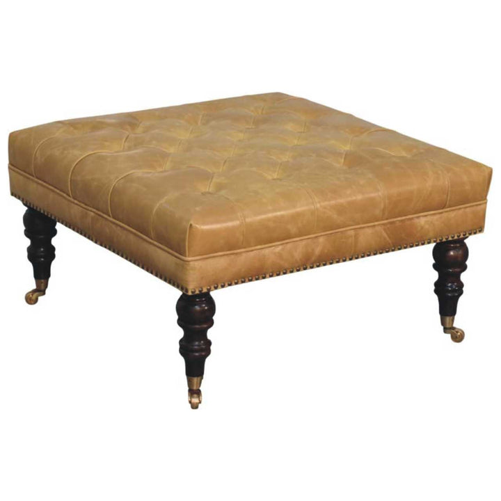 Tan Leather Upholstered Coffee Table in Solid Mango Wood - product view 6 showing handcrafted solid mango wood coffee table