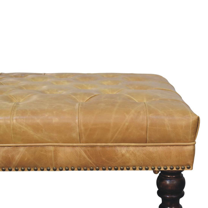 Tan Leather Upholstered Coffee Table in Solid Mango Wood - product view 3 showing handcrafted solid mango wood coffee table