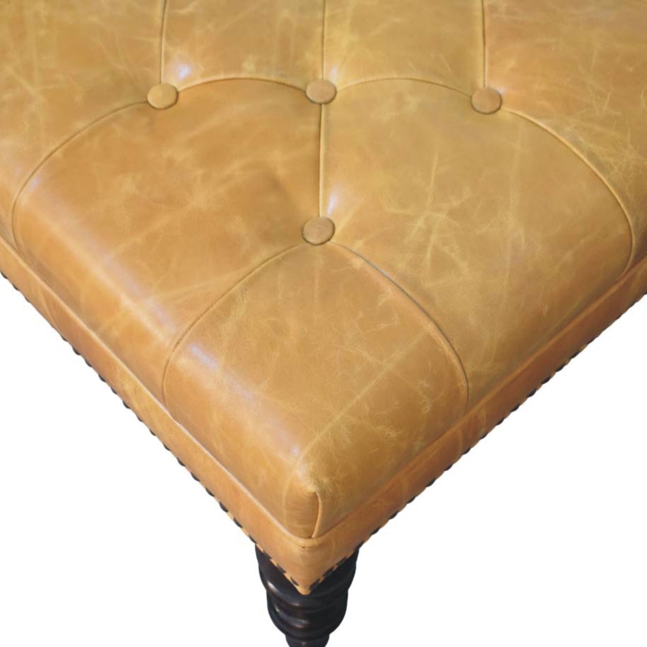 Tan Leather Upholstered Coffee Table in Solid Mango Wood - product view 4 showing handcrafted solid mango wood coffee table