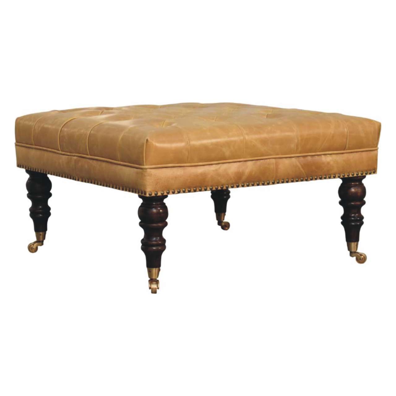Tan Leather Upholstered Coffee Table in Solid Mango Wood - main view showing handcrafted solid mango wood coffee table