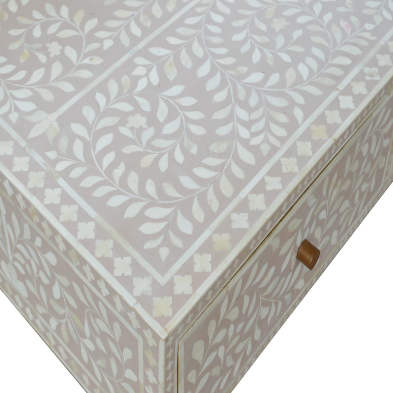 Taupe Floral Bone Coffee Table - Solid Mango Wood Center Table for Living Room - product view 7 showing handcrafted solid...