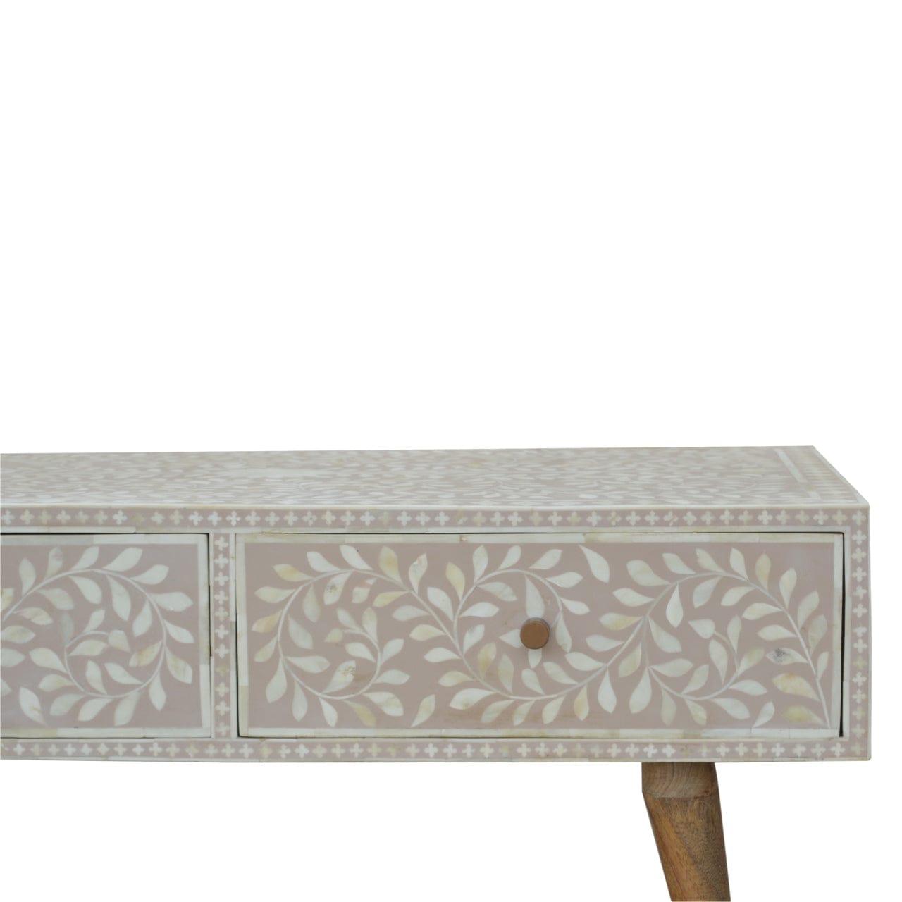 Taupe Floral Bone Coffee Table - Solid Mango Wood Center Table for Living Room - product view 4 showing handcrafted solid...