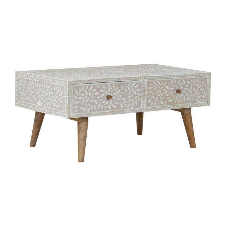 Taupe Floral Bone Coffee Table - Solid Mango Wood Center Table for Living Room - main view showing handcrafted solid...