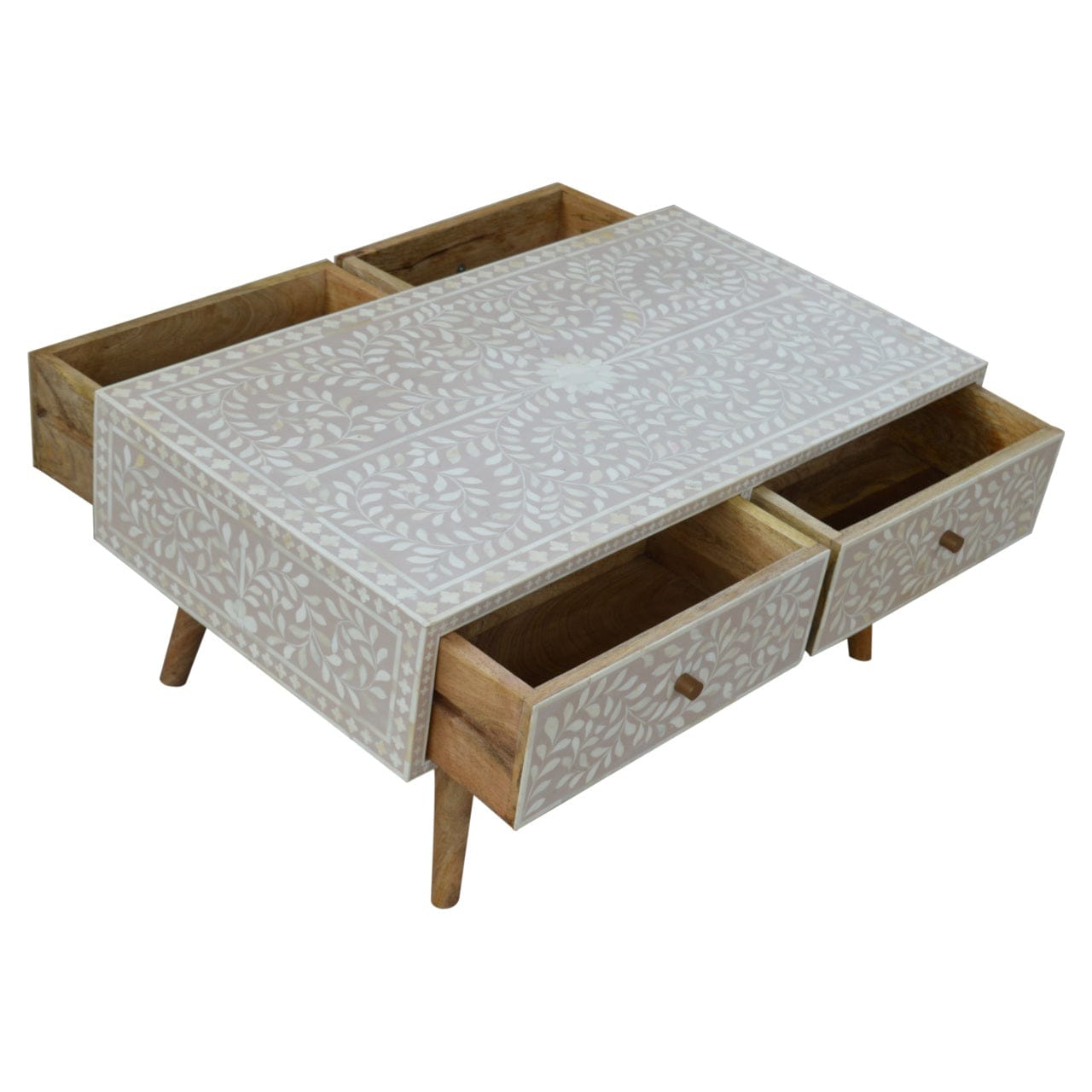 Taupe Floral Bone Coffee Table - Solid Mango Wood Center Table for Living Room - product view 3 showing handcrafted solid...
