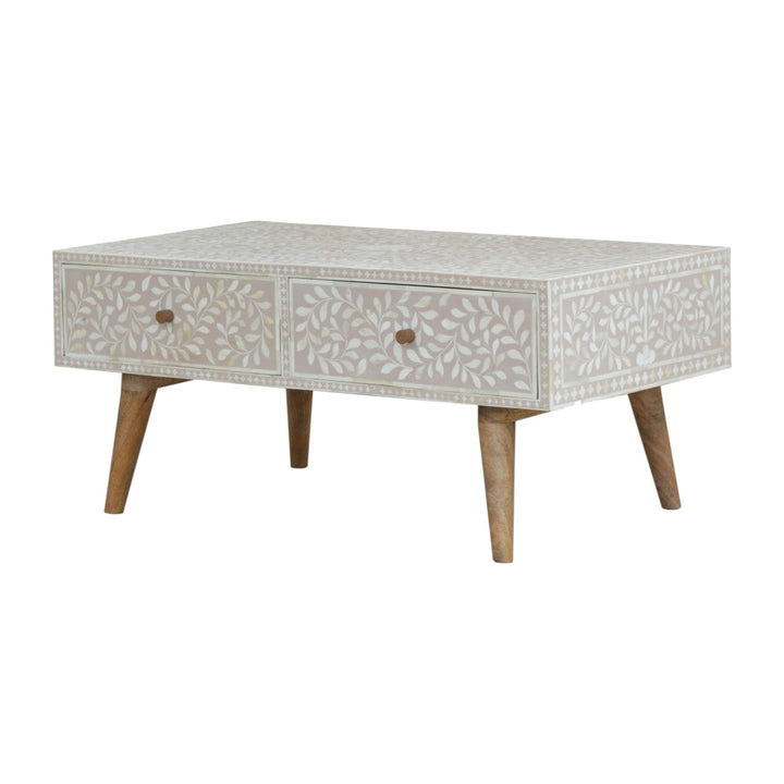 Taupe Floral Bone Coffee Table - Solid Mango Wood Center Table for Living Room - product view 2 showing handcrafted solid...