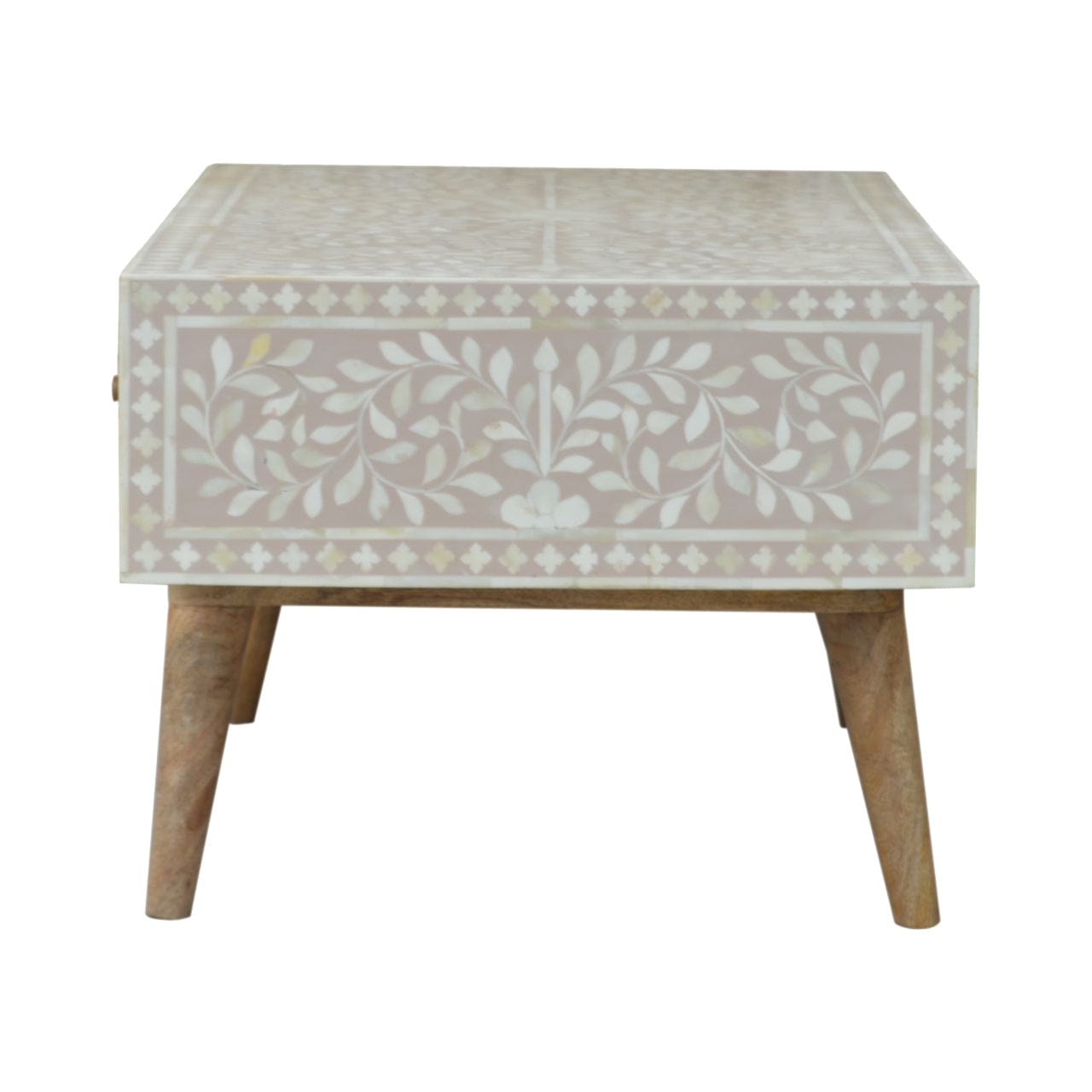 Taupe Floral Bone Coffee Table - Solid Mango Wood Center Table for Living Room - product view 8 showing handcrafted solid...