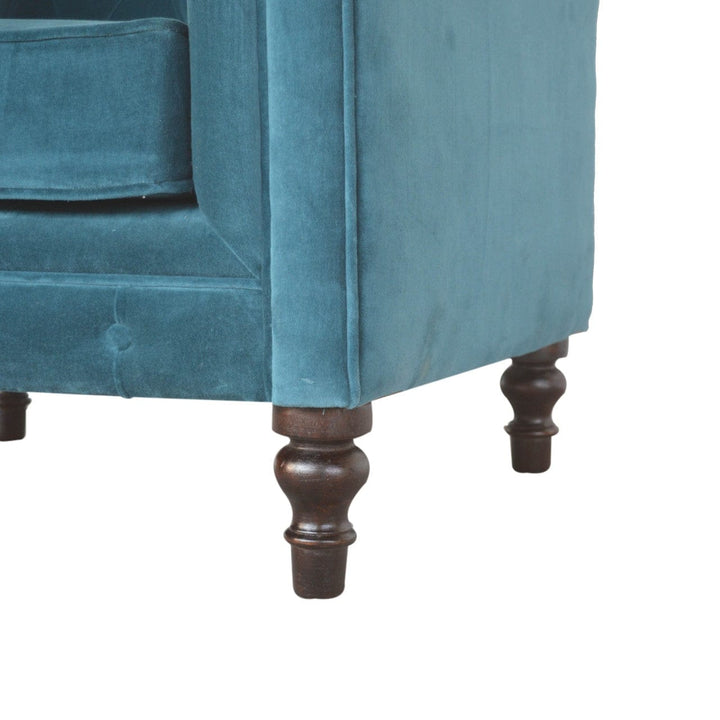 Teal Velvet Chesterfield Armchair - Solid Mango Wood Accent Chair for Living Room - product view 5 showing handcrafted...