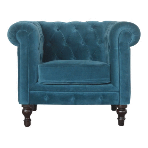 Teal Velvet Chesterfield Armchair - Solid Mango Wood Accent Chair for Living Room - product view 8 showing handcrafted...