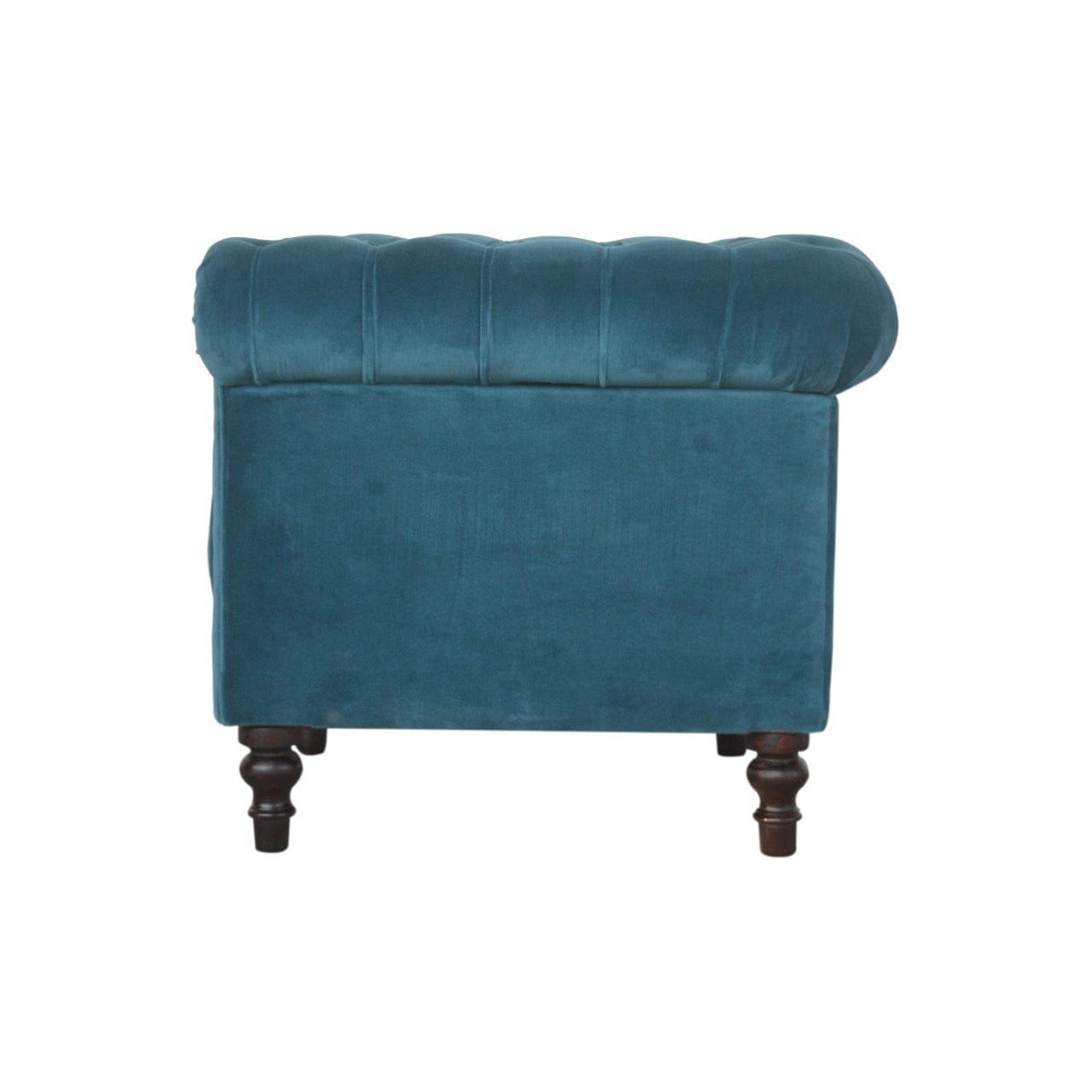 Teal Velvet Chesterfield Armchair - Solid Mango Wood Accent Chair for Living Room - product view 6 showing handcrafted...
